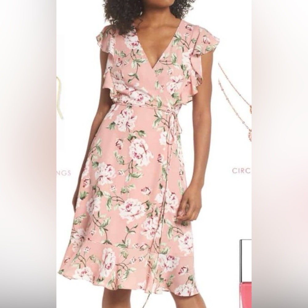 Charles Henry Blush Mauve Pink Floral Wrap Ruffle Midi Dress